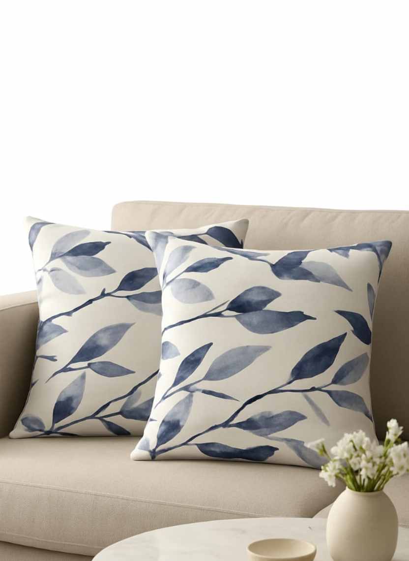 16x16 Inch Blue Watercolor Leaf Print Cotton Cushion Cover | Coastal Farmhouse Decorative Pillow Case