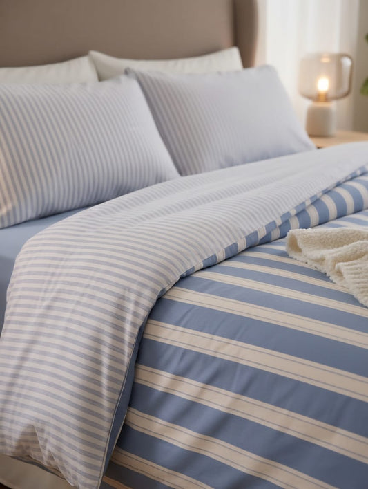 Reversible Blue & White Stripe Duvet Cover | Coastal Cotton Bedding Set | Dual-Sided Design