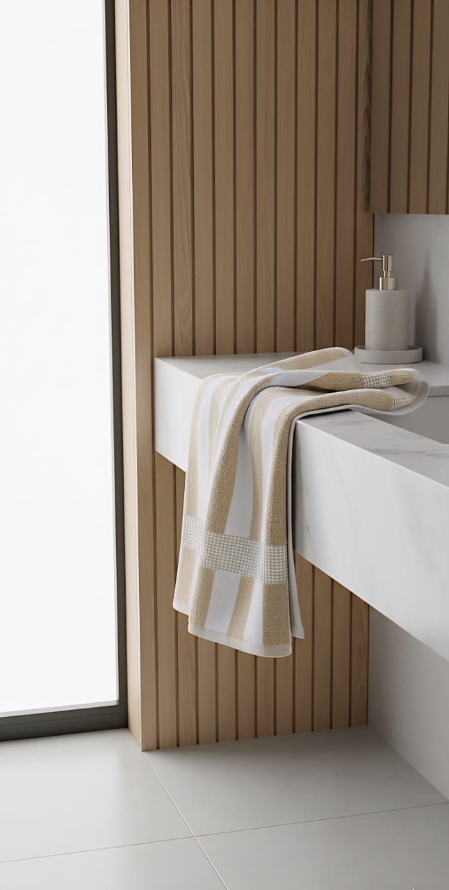 Beige and White Striped Towel / Bath Size / Cotton Towel