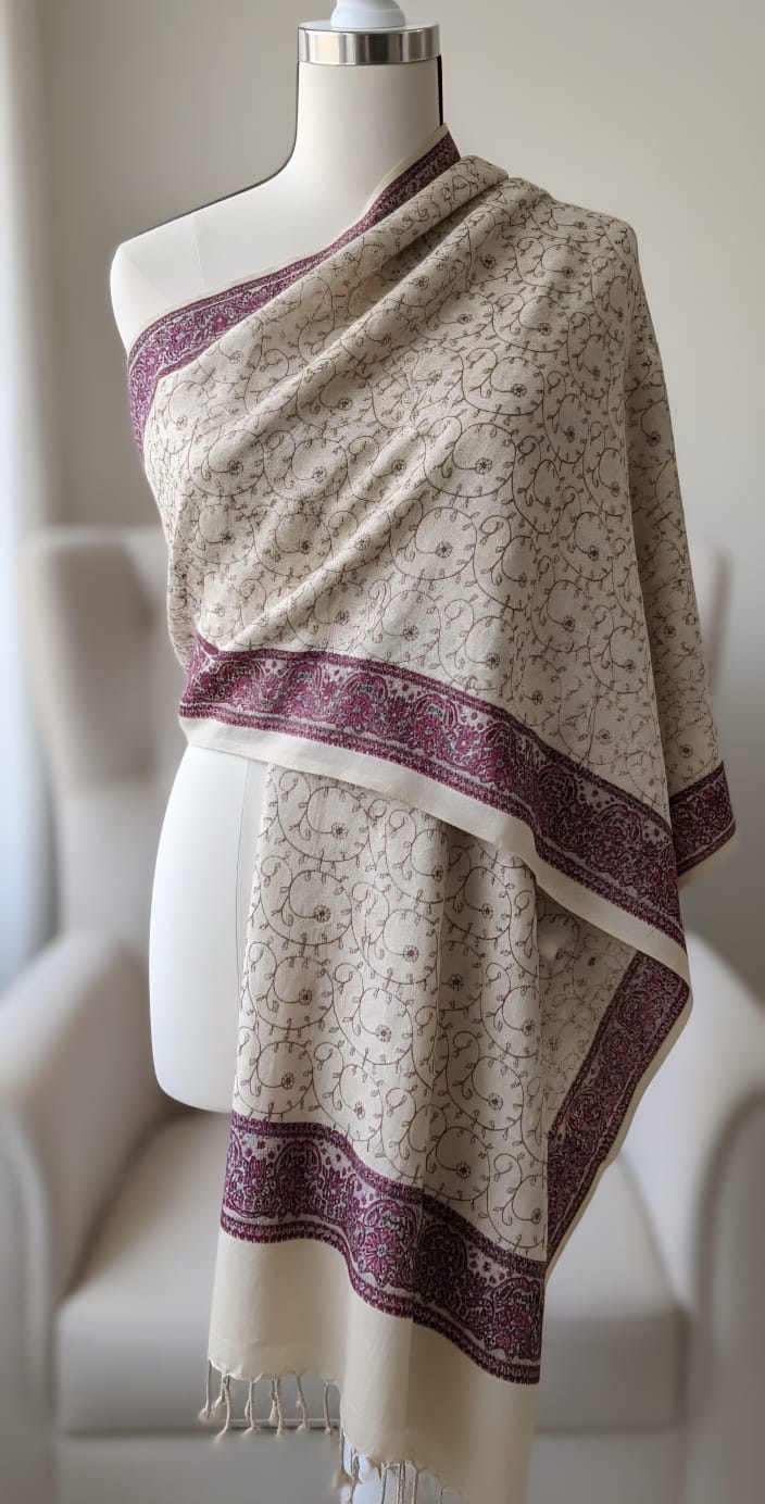 Beige Embroidered Shawl/ Soft Warm Wool Blend Shawl/ Winter Shawl