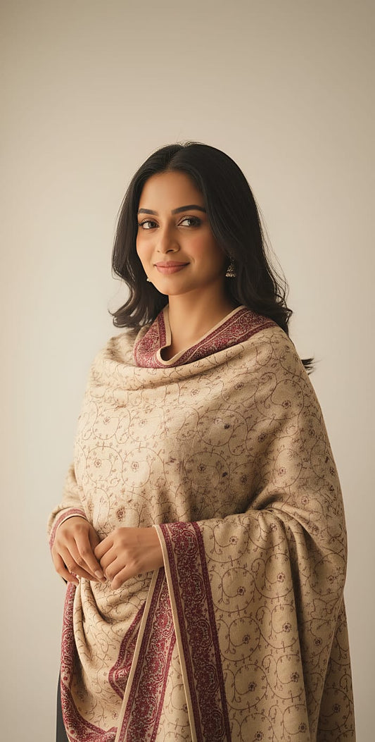 Beige Embroidered Shawl/ Soft Warm Wool Blend Shawl/ Winter Shawl