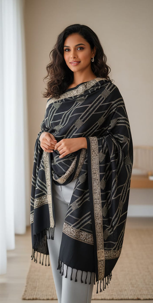 Black Winter Shawl / Machine embroidery