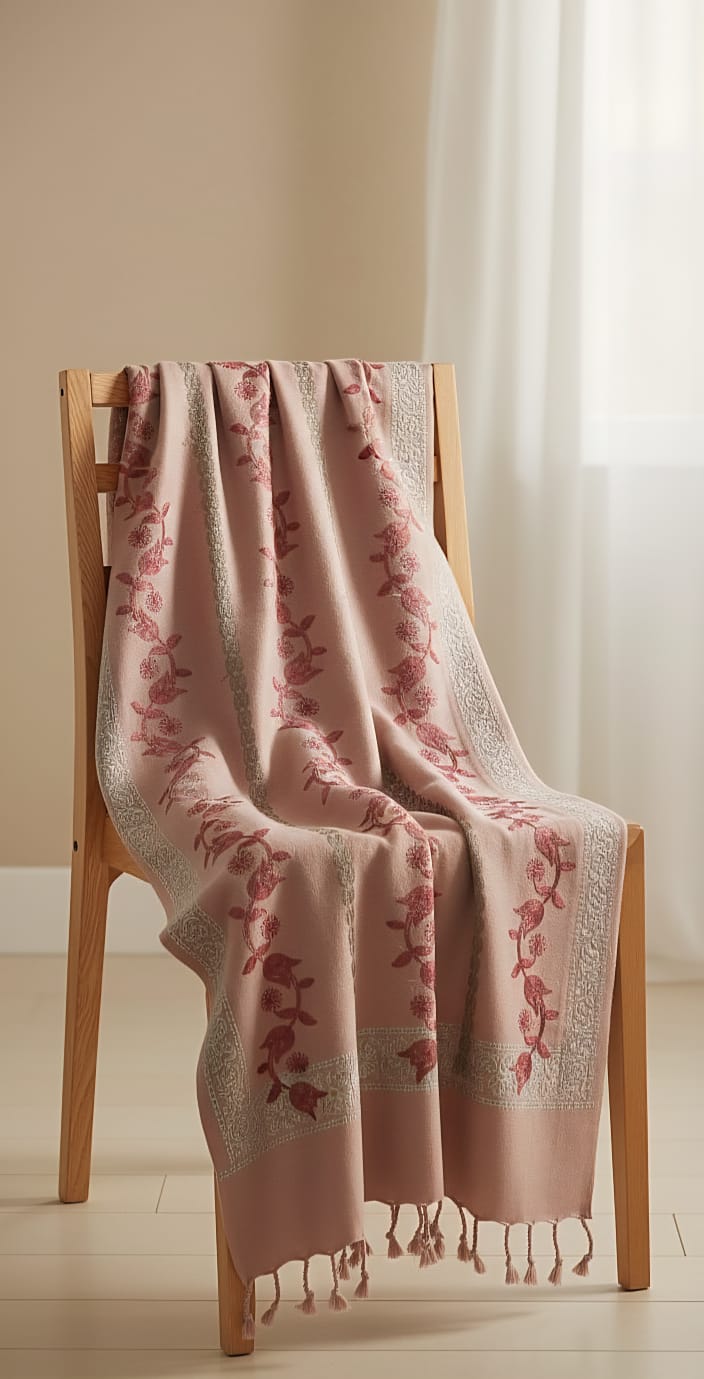 Elegant Embroidered Shawl | Wool Blend Winter Wrap | Dusty Rose Pink