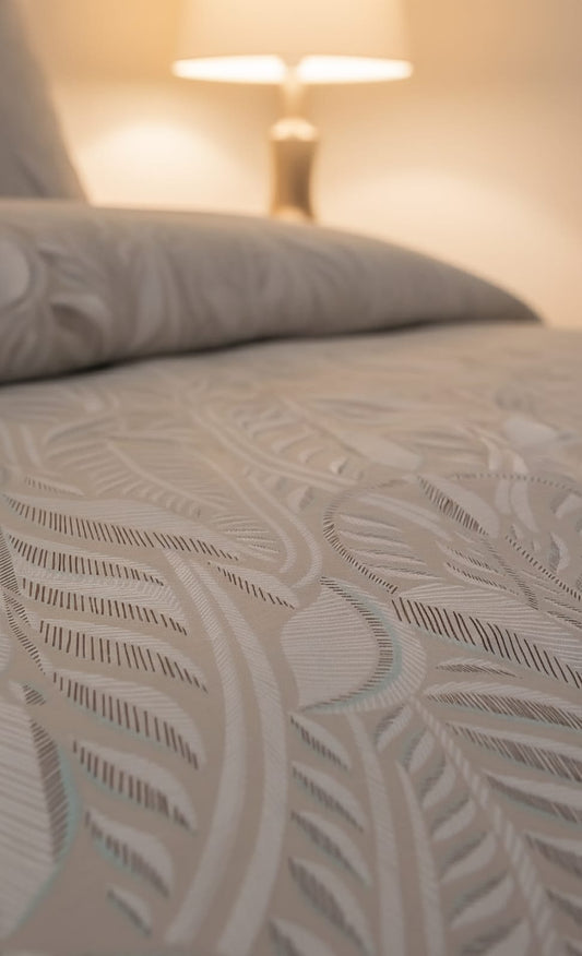 Luxury Leaf Print Duvet Cover Set with Solid Beige Bedsheet – Premium Breathable Cotton Bedding | Rest & Nest