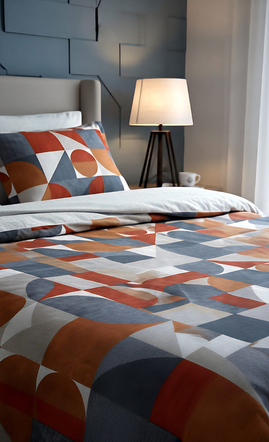 Geometric Cotton King Bedsheet | Mid-Century Modern Rust & Orange