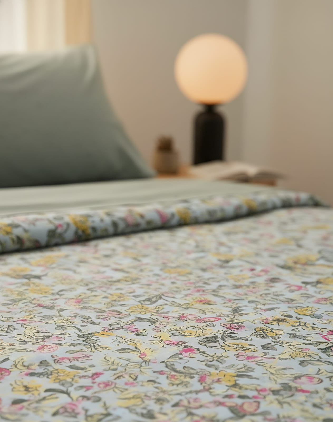 Super King Size Floral Cotton Bedsheet – Multi-Colour Design on Green Base | Rest And Nest UAE