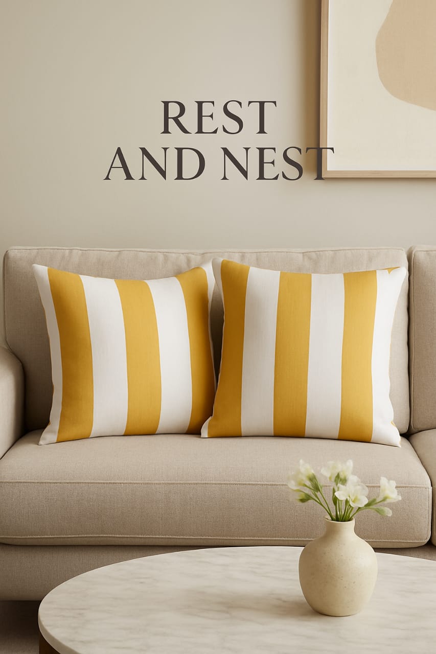 16x16 Inch Yellow & White Striped Cotton Satin Cushion Cover