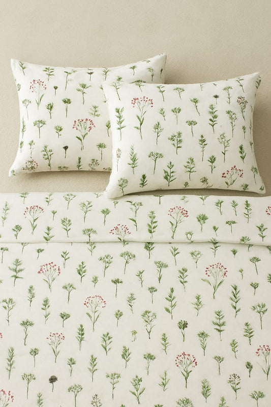 Nature Print King Size Soft Bedsheet | Botanical Cotton Percale Bedsheet | Luxury Greenery