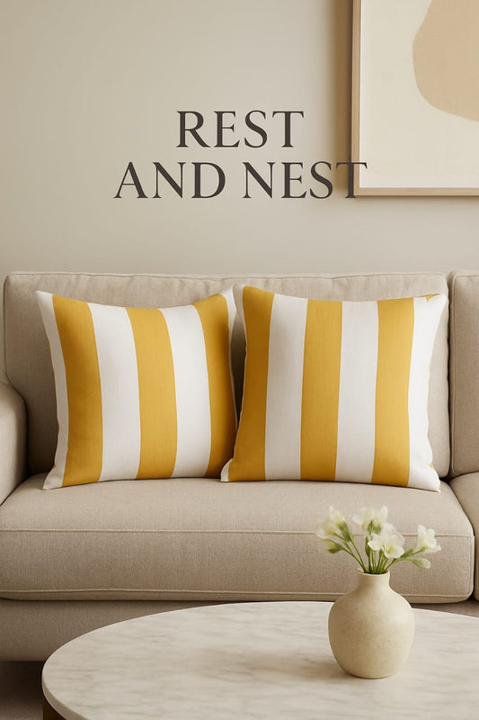 Yellow & White Cotton Satin Striped Cushion Covers – 16x16 Inch, 2 Pieces