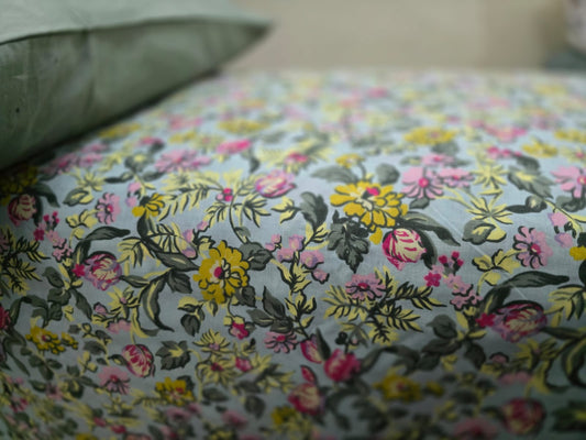 Super King Size Floral Cotton Bedsheet – Multi-Colour Design on Green Base | Rest And Nest UAE