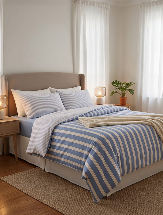Reversible Blue & White Stripe Duvet Cover | Coastal Cotton Bedding Set | Dual-Sided Design