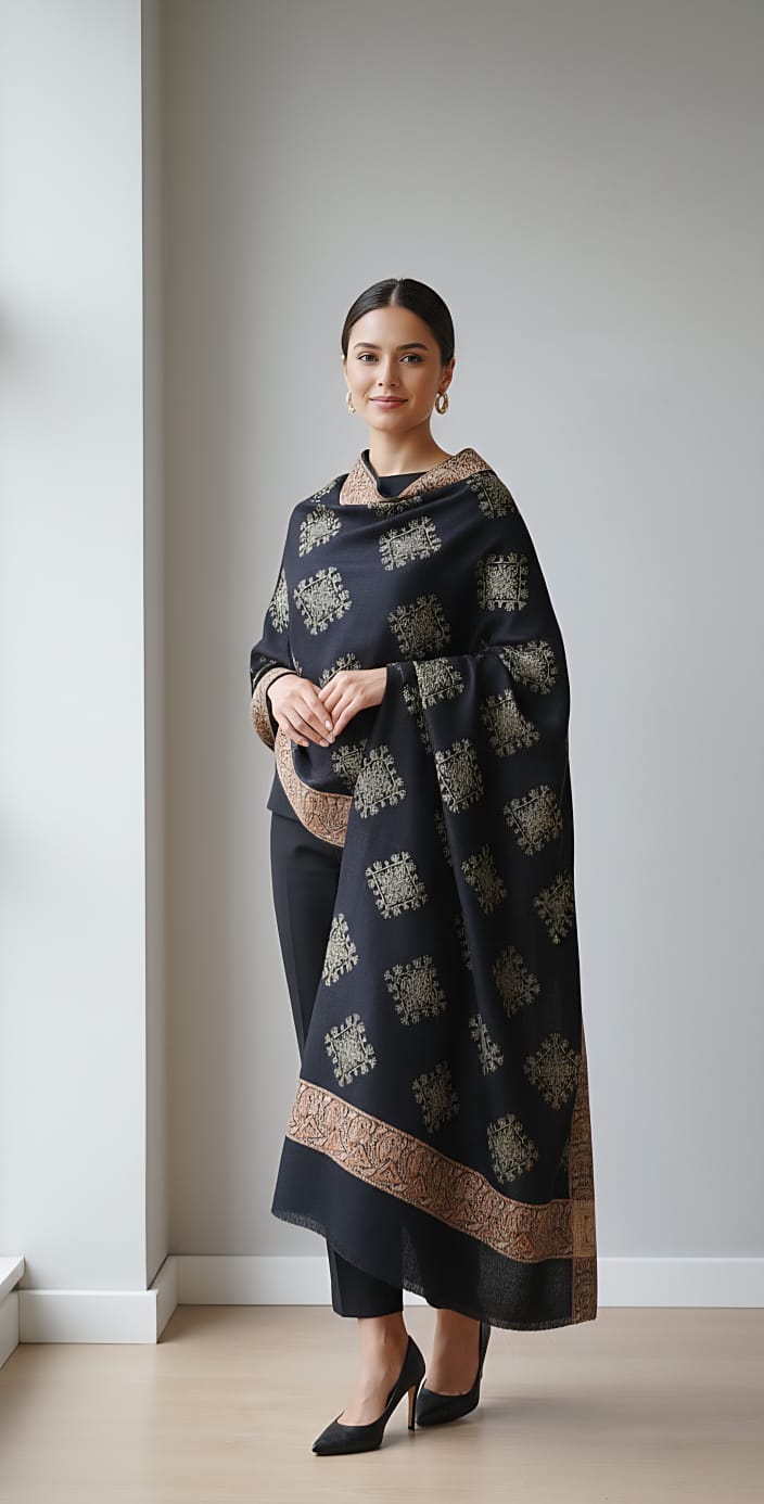 Luxury Black Embroidered Shawl | Elegant Cashmere Feel Winter Wrap | Rest and Nest