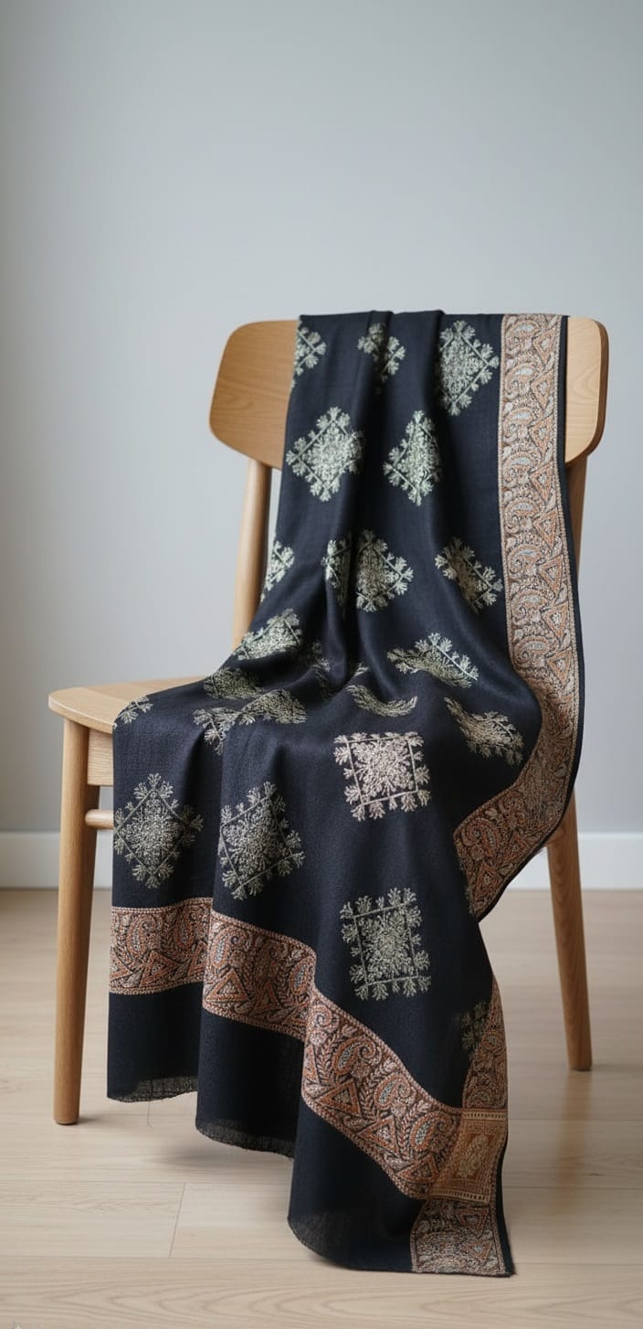 Luxury Black Embroidered Shawl | Elegant Cashmere Feel Winter Wrap | Rest and Nest