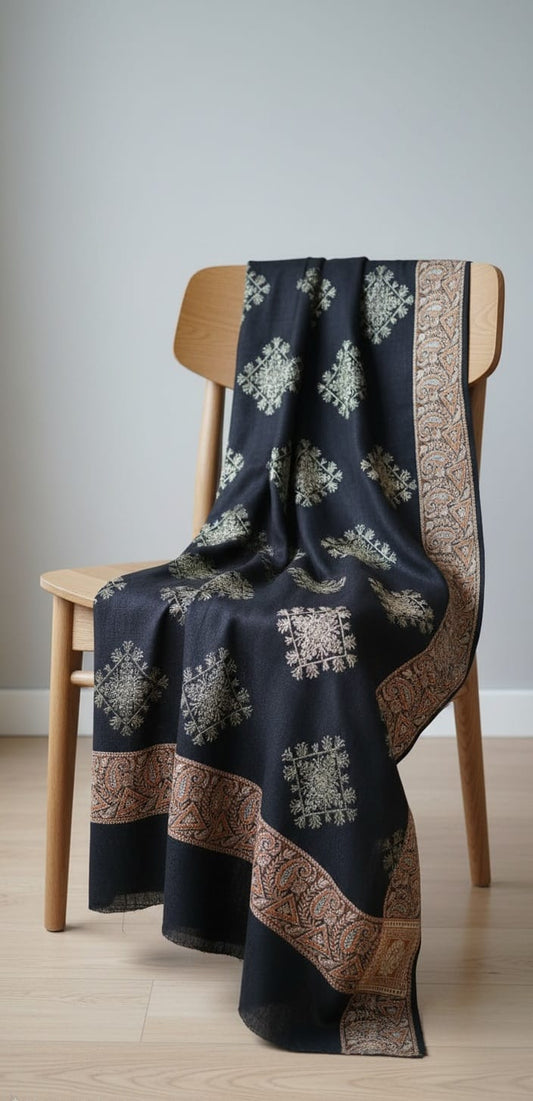 Luxury Black Embroidered Shawl | Elegant Cashmere Feel Winter Wrap | Rest and Nest
