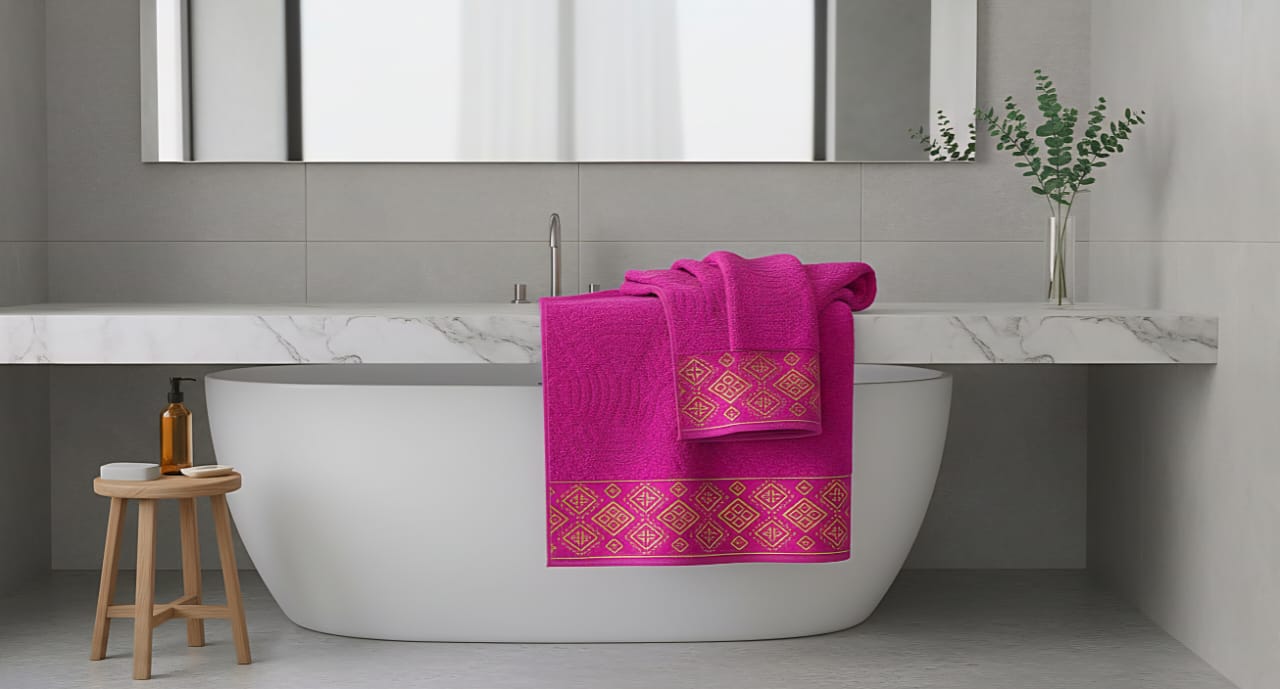 The Luxe Empress Magenta Gold Embroidered Bath Towel