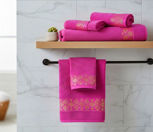 The Luxe Empress Magenta Gold Embroidered Bath Towel