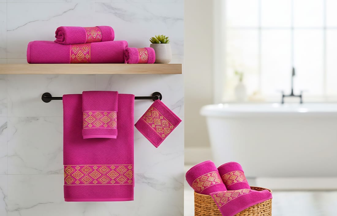 The Luxe Empress Magenta Gold Embroidered Bath Towel