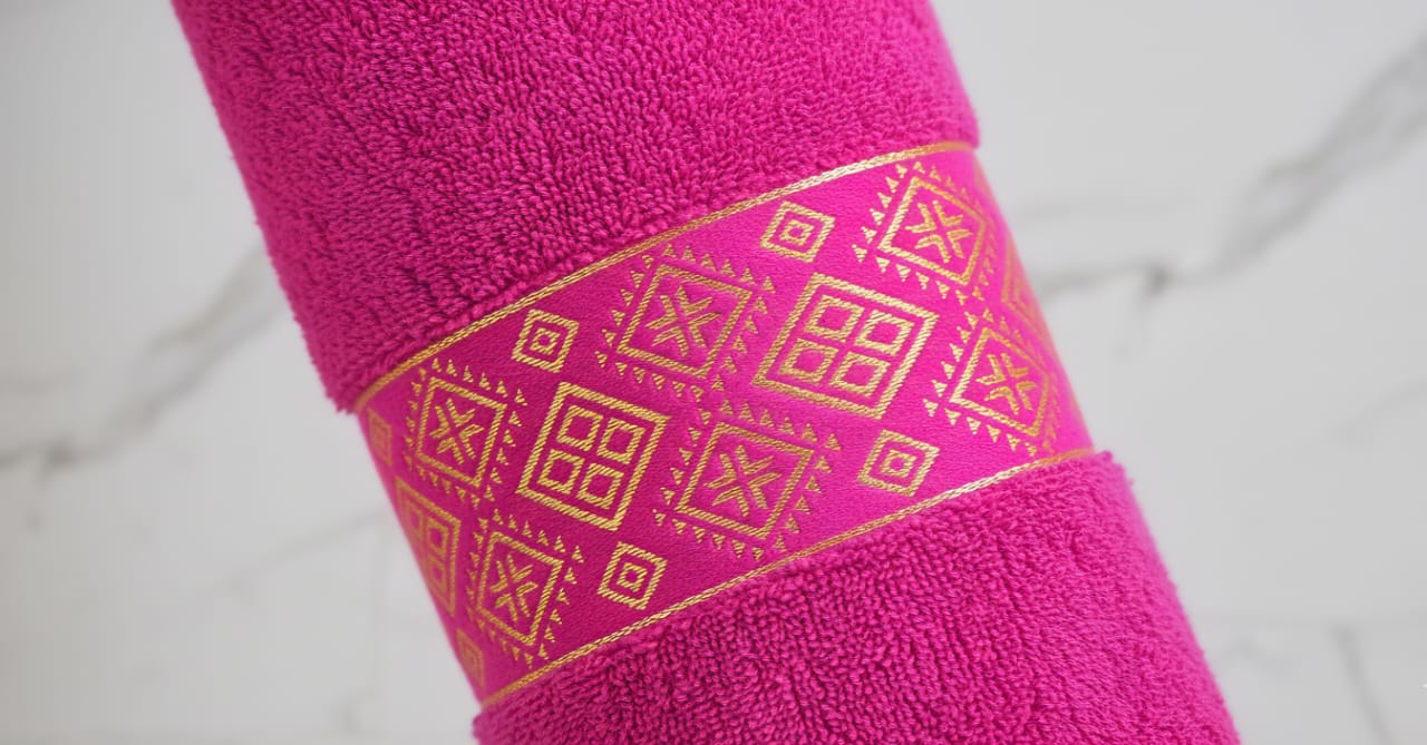 The Luxe Empress Magenta Gold Embroidered Bath Towel