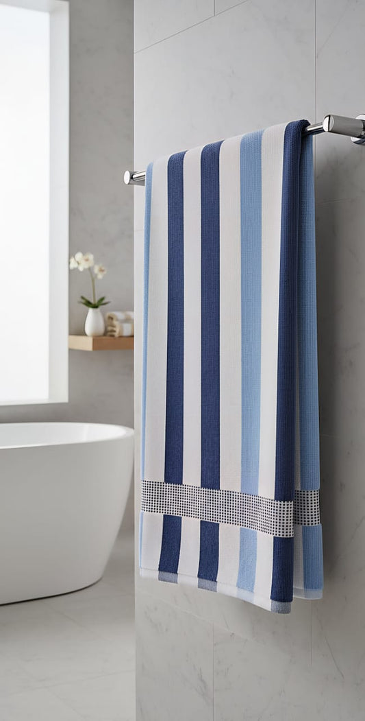 Luxury Blue Striped Cotton Bath Towel | Absorbent Bath Sheet