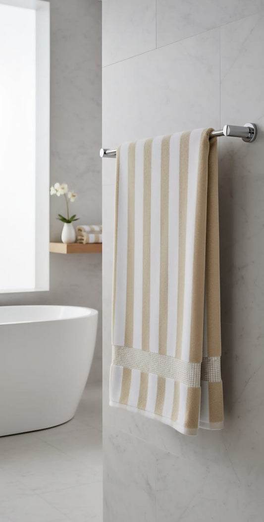 Beige and White Striped Towel / Bath Size / Cotton Towel