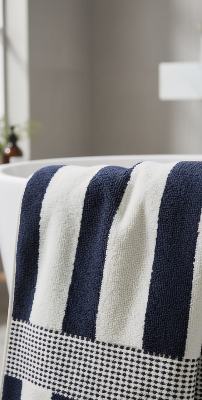 Premium Navy Blue & White Striped Bath Towel | Luxury Nautical Cotton Bath Sheet