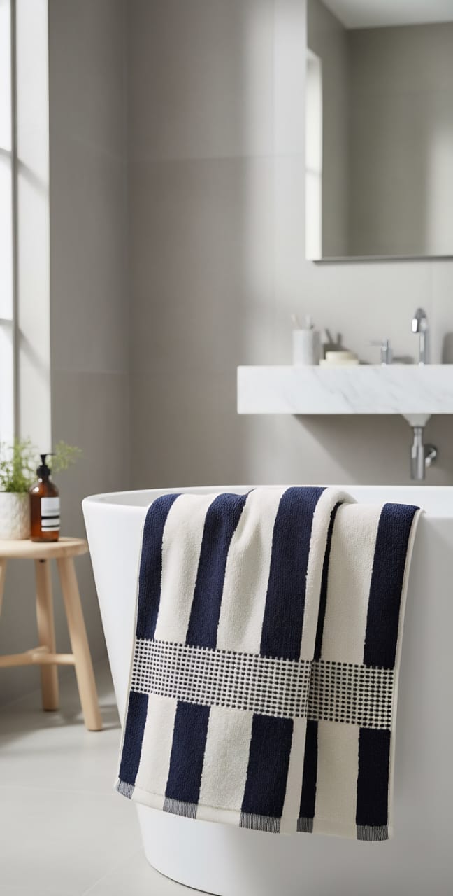 Premium Navy Blue & White Striped Bath Towel | Luxury Nautical Cotton Bath Sheet