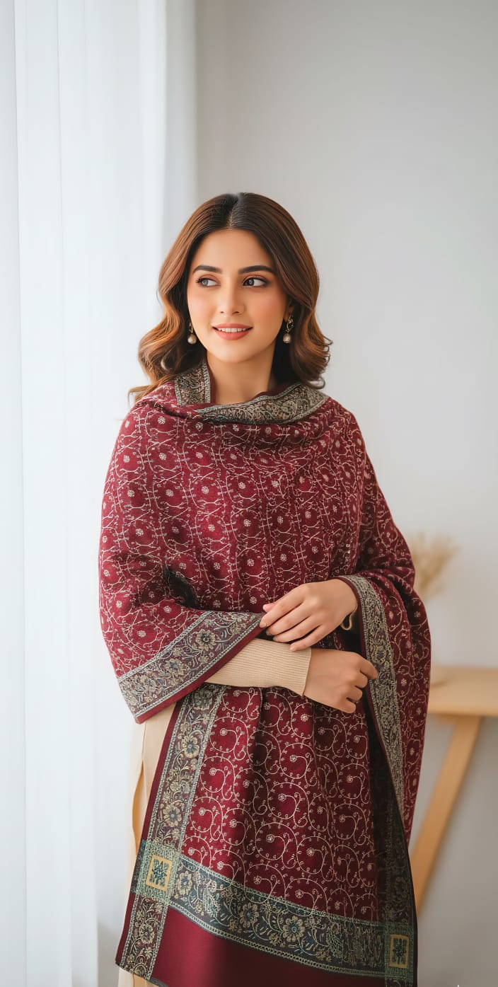 The Crimson Bloom Embroidered Shawl / Ladies Shawl/ Winter Shawl Collection