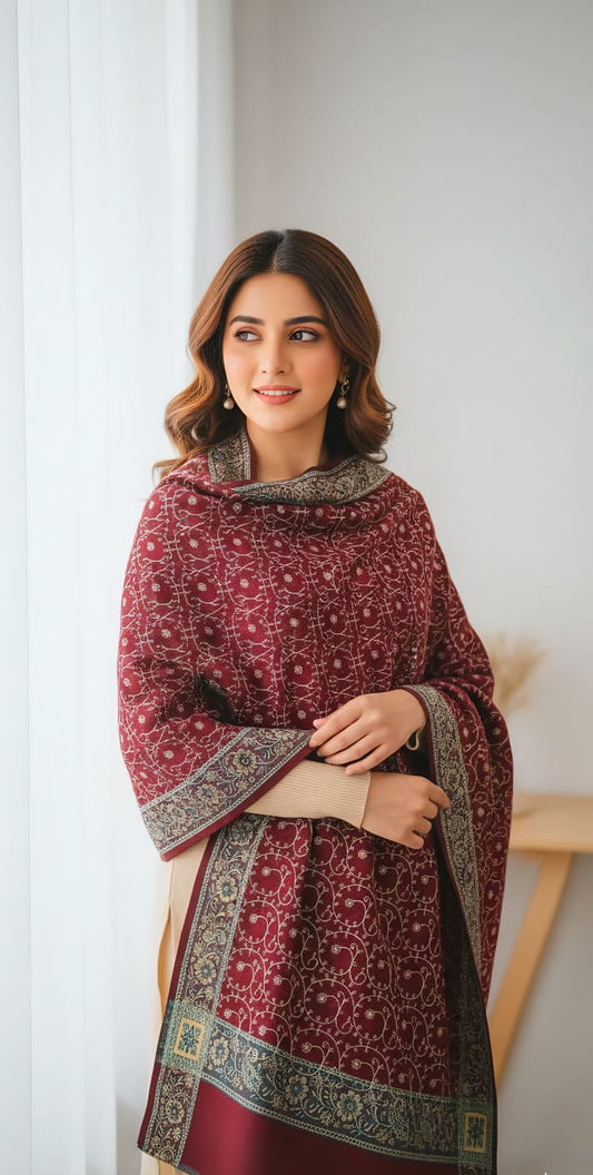 The Crimson Bloom Embroidered Shawl / Ladies Shawl/ Winter Shawl Collection