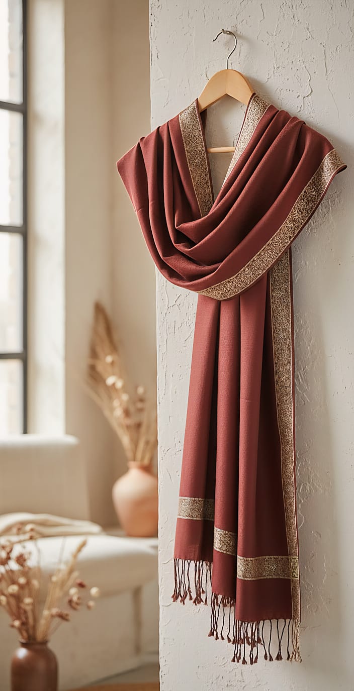 The Luxe Earth-Tone Bordered Shawl/ Pashmina Style/ women's winter formal shawl