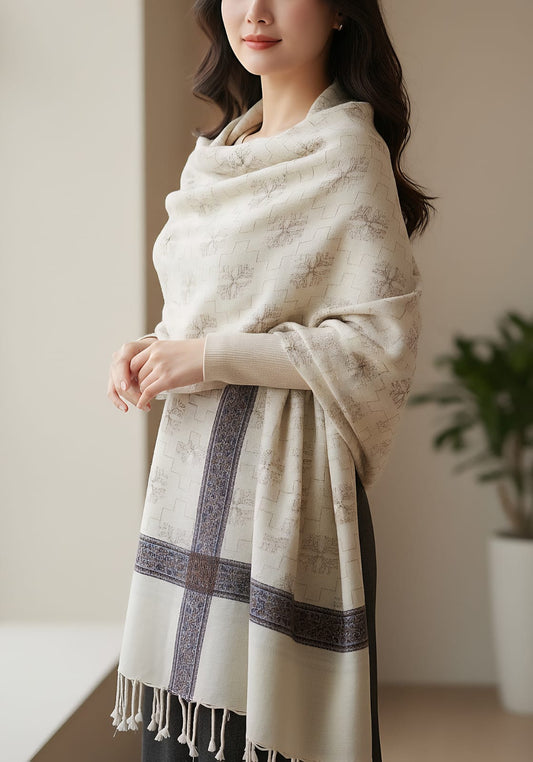 Beige Embroidered Shawl/ Formal Event Wrap/ Soft Warm Wool Blend Shawl