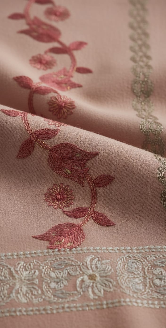 Elegant Embroidered Shawl | Wool Blend Winter Wrap | Dusty Rose Pink