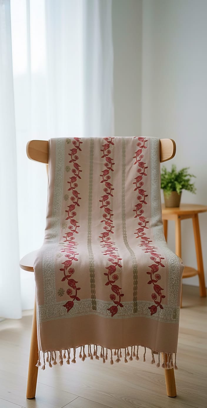 Elegant Embroidered Shawl | Wool Blend Winter Wrap | Dusty Rose Pink