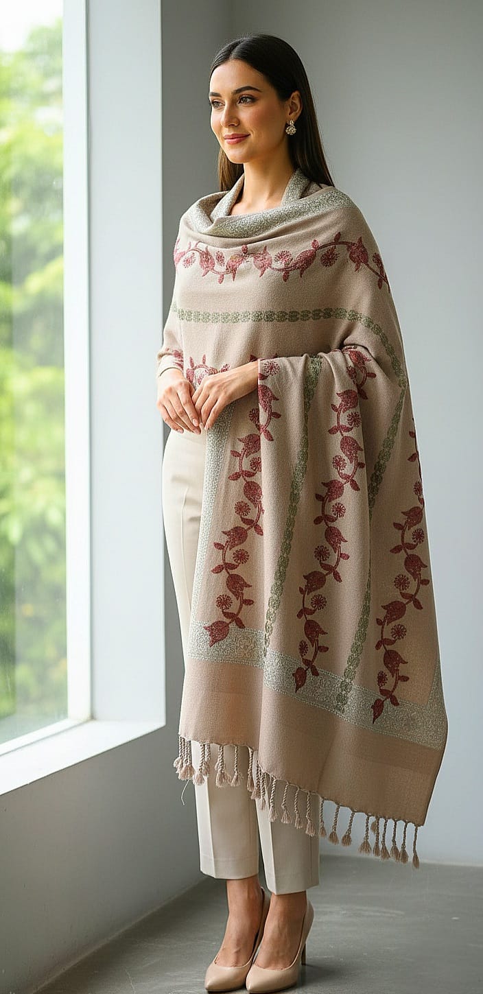 Elegant Embroidered Shawl | Wool Blend Winter Wrap | Dusty Rose Pink