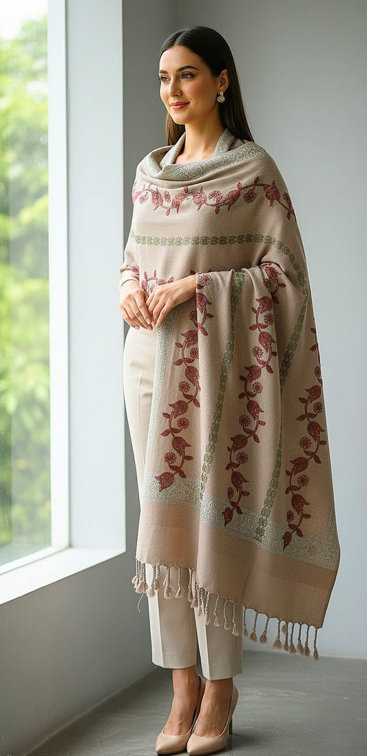 Elegant Embroidered Shawl | Wool Blend Winter Wrap | Dusty Rose Pink