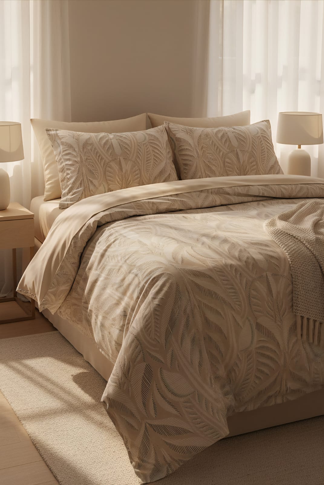 Luxury Leaf Print Duvet Cover Set with Solid Beige Bedsheet – Premium Breathable Cotton Bedding | Rest & Nest