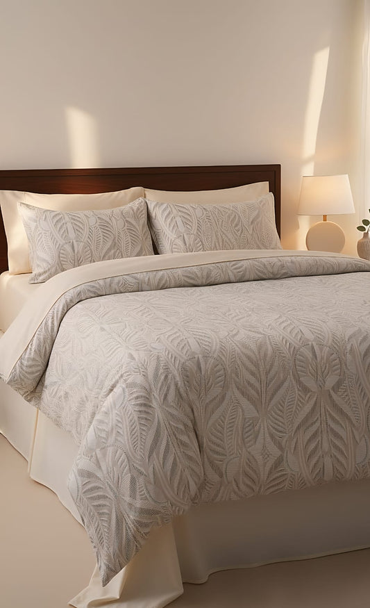 Luxury Leaf Print Duvet Cover Set with Solid Beige Bedsheet – Premium Breathable Cotton Bedding | Rest & Nest