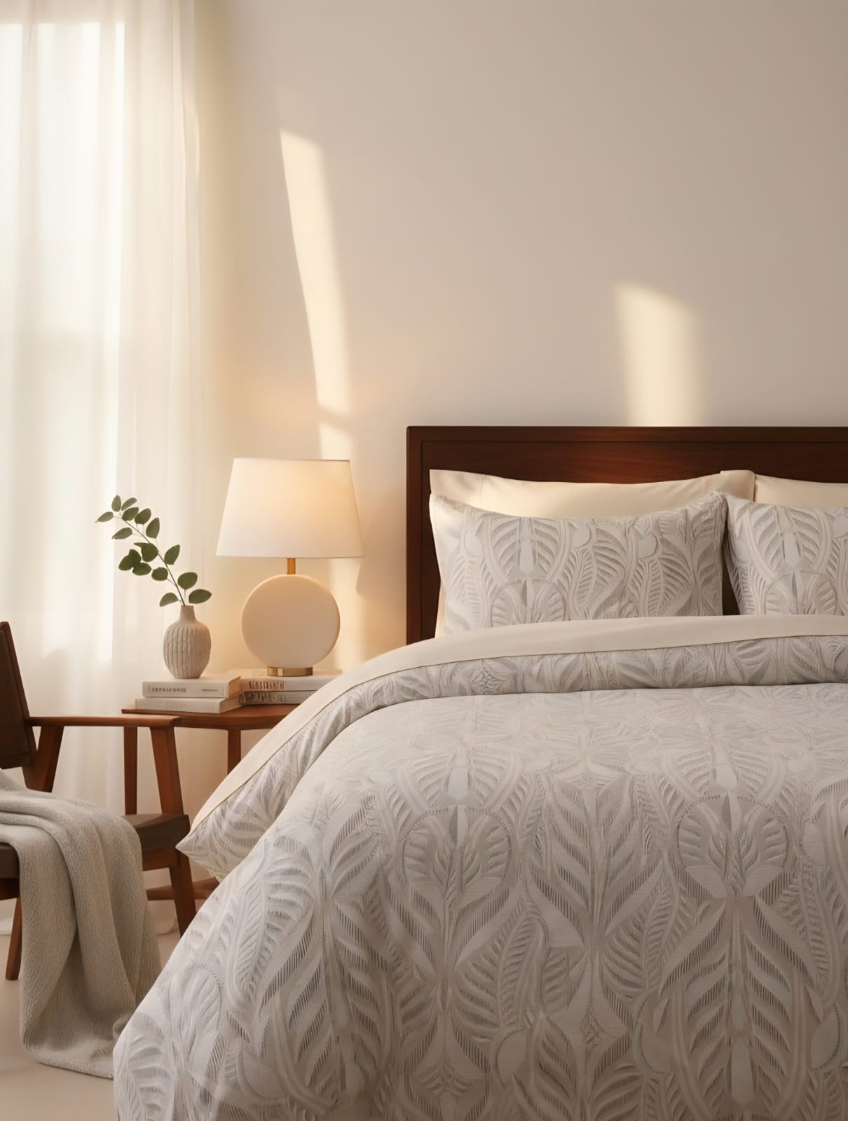 Luxury Leaf Print Duvet Cover Set with Solid Beige Bedsheet – Premium Breathable Cotton Bedding | Rest & Nest