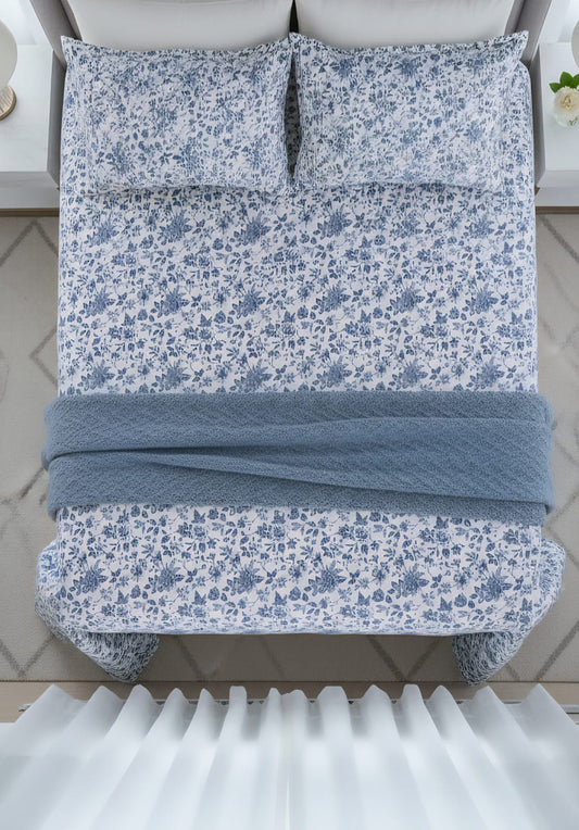 Classic Blue and White Floral Cotton Bedsheet / The Classic Collection