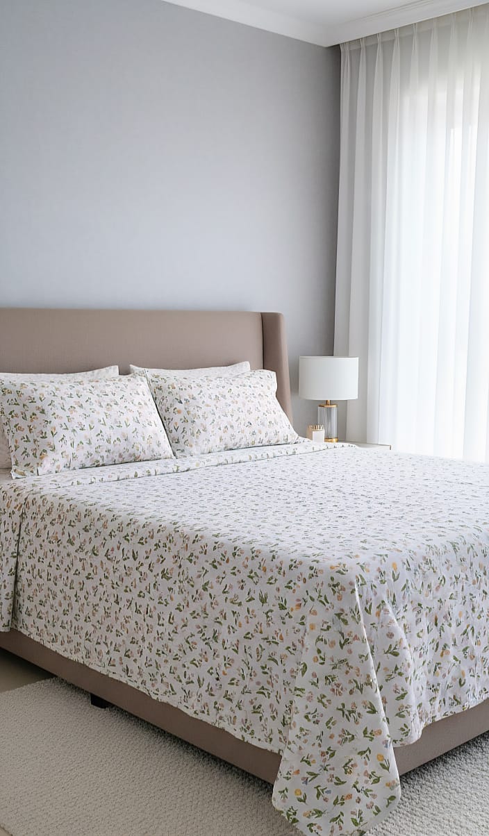Spring Floral Percale Bedsheet | Cool & Crisp Cotton Bedding  |  Super King Size Bedding