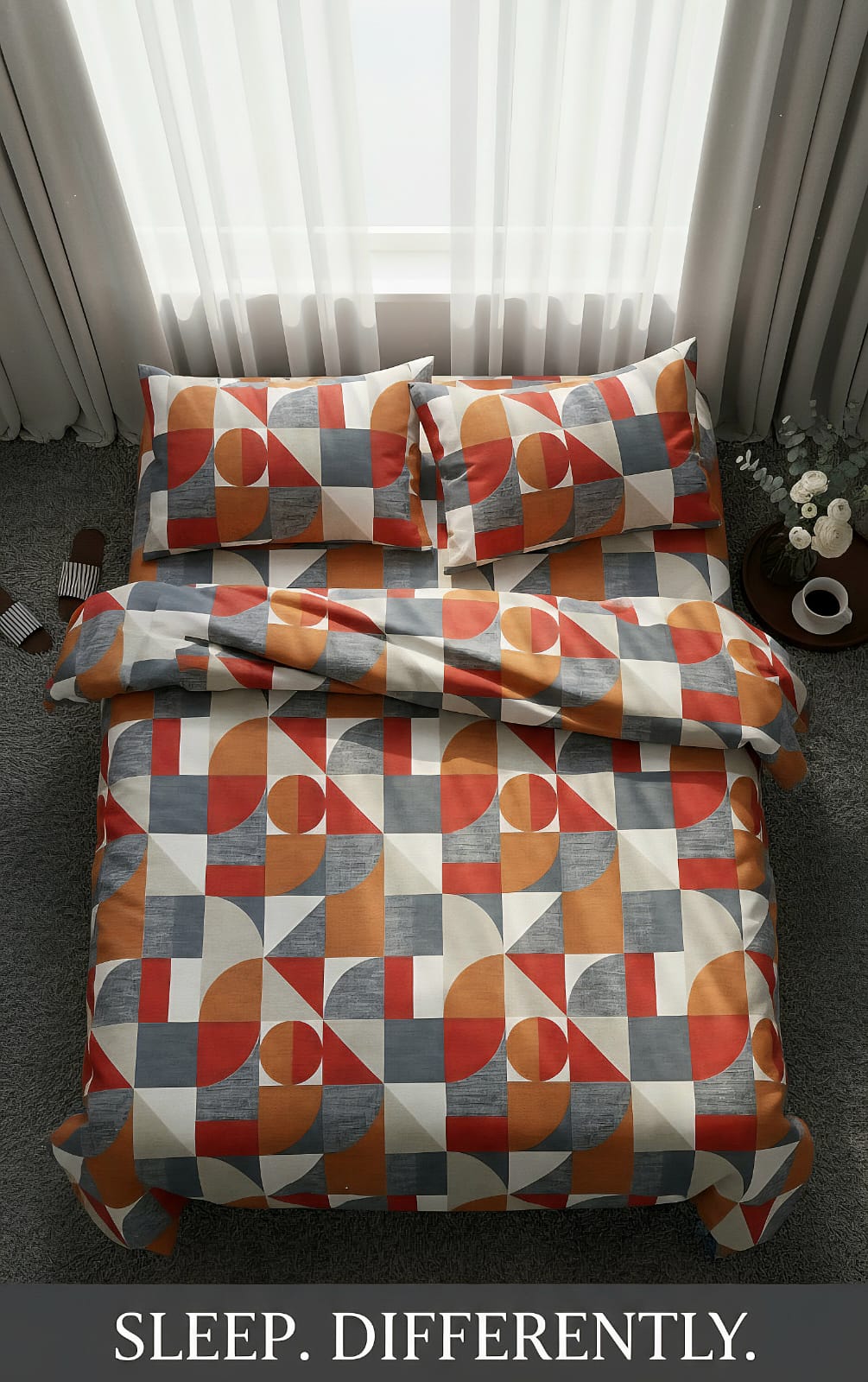 Geometric Cotton  King Bedsheet | Mid-Century Modern Rust & Orange