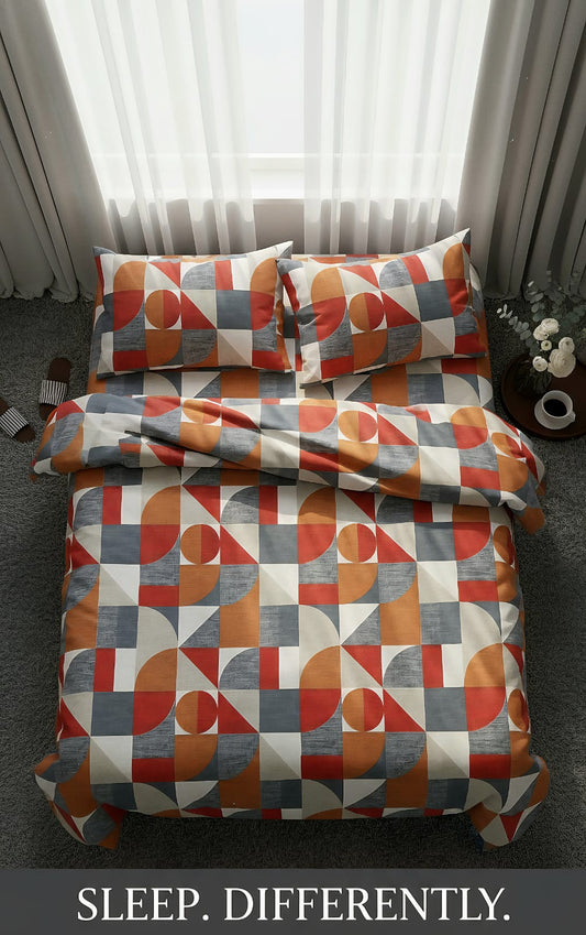 Geometric Cotton  King Bedsheet | Mid-Century Modern Rust & Orange