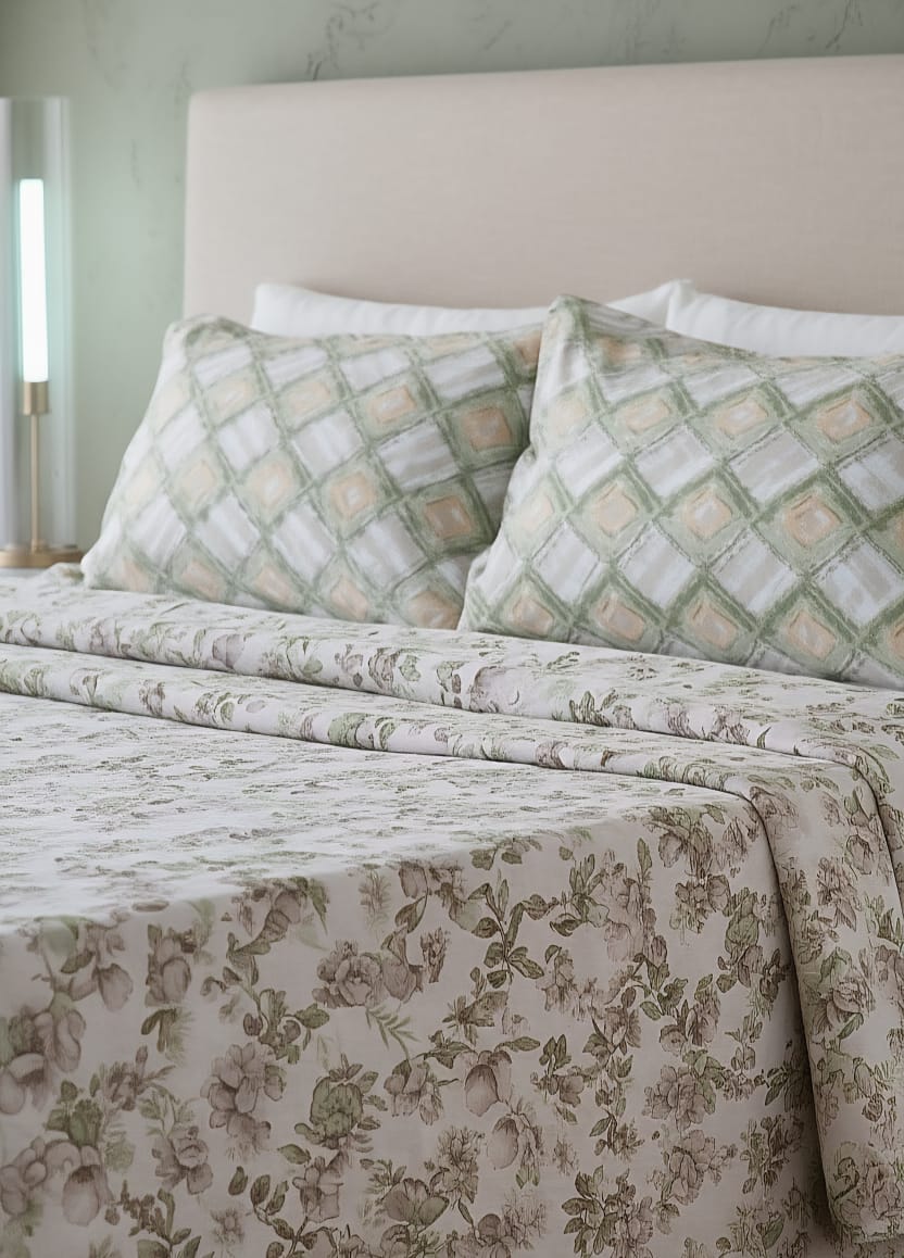 The Serenity Collection | Super King Size Sage Green Floral Bed Linen