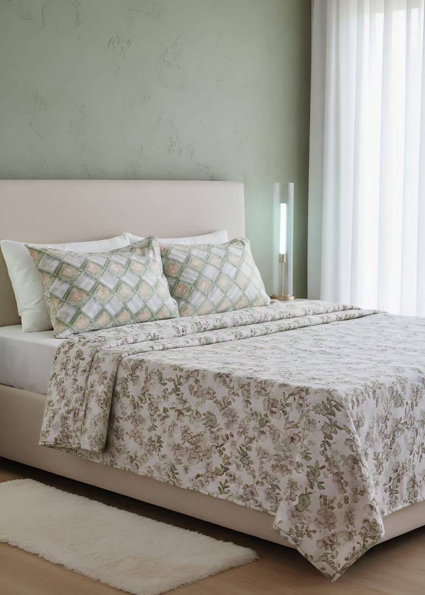The Serenity Collection | Super King Size Sage Green Floral Bed Linen