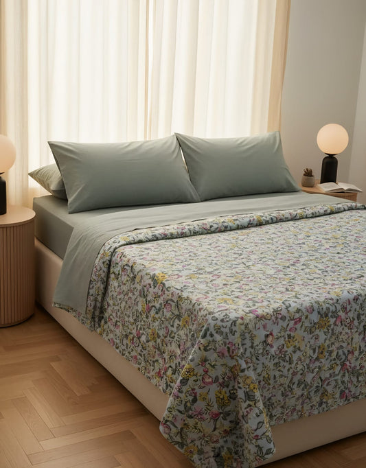 Super King Size Floral Cotton Bedsheet – Multi-Colour Design on Green Base | Rest And Nest UAE