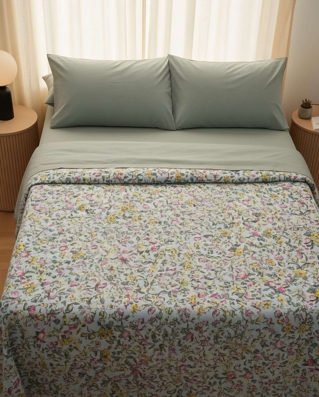 Super King Size Floral Cotton Bedsheet – Multi-Colour Design on Green Base | Rest And Nest UAE