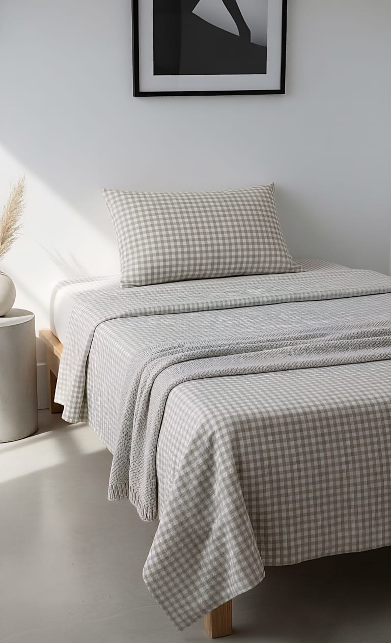 Classic Gingham Check Single Bed Sheet Set - Neutral Beige & White Plaid