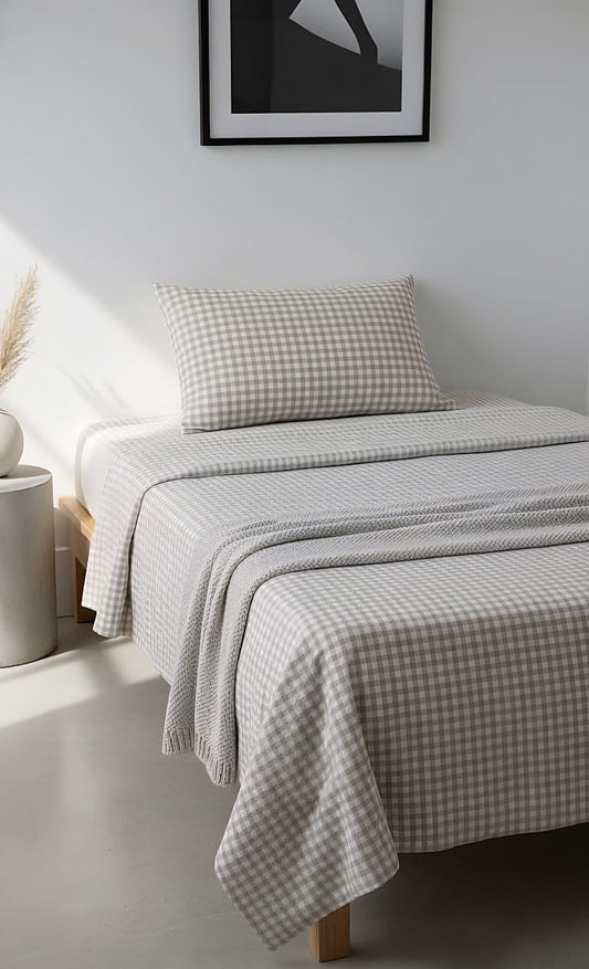 Classic Gingham Check Single Bed Sheet Set - Neutral Beige & White Plaid