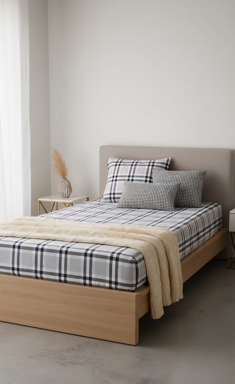Contemporary Black & Grey Plaid Single Bed Sheet Set | Modern Tartan Design
