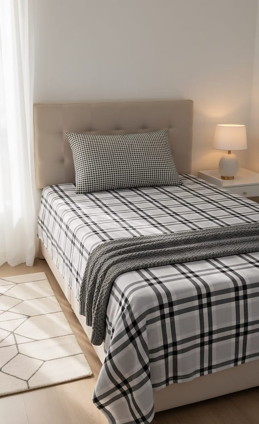 Contemporary Black & Grey Plaid Single Bed Sheet Set | Modern Tartan Design