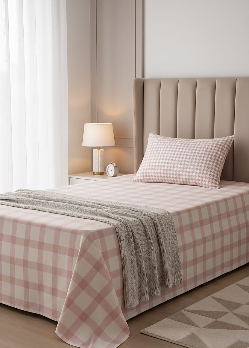 Pink & White Buffalo Check Single Bed Sheet Set | Cozy Gingham Plaid Design